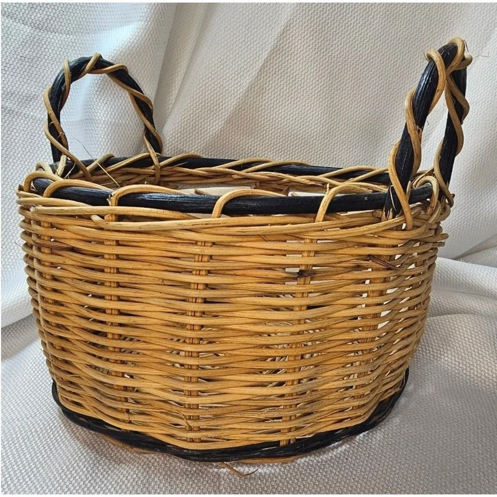 VTG Wicker Rooster Basket Sunflower Ceramic Tile Farmhouse Decor Round 10in